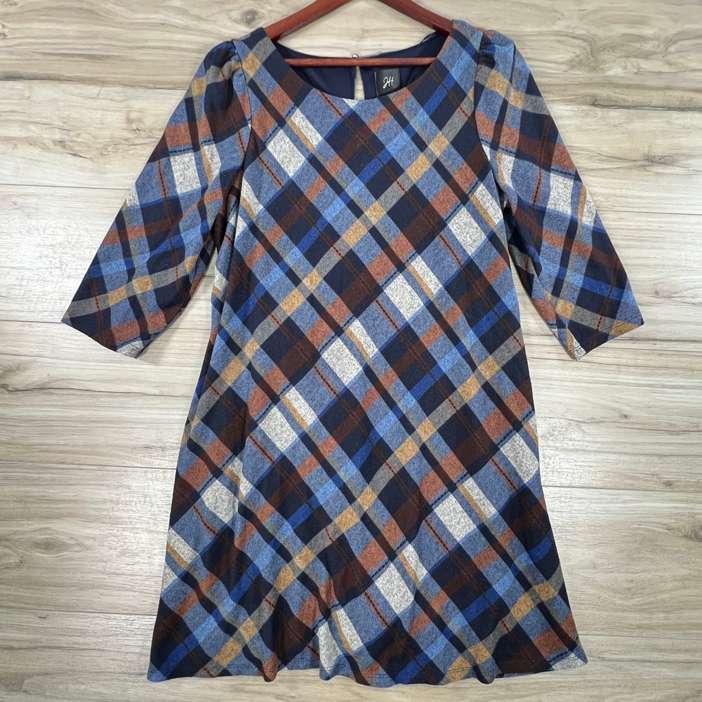 Jessica Howard Womens Blue Brown Plaid 3/4 Sleeve Shift Dress XL